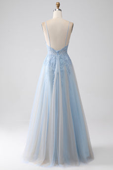 A-Line Spaghetti Straps Grey Blue Prom Dress with Beading
