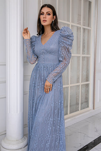 Blue Lace Long Mother Dress with Sleeves