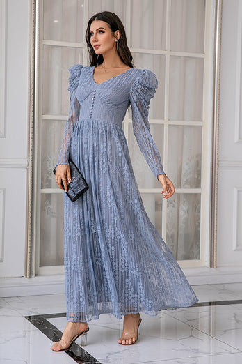 Blue Lace Long Mother Dress with Sleeves