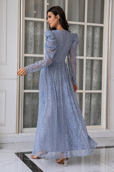 Blue Lace Long Mother Dress with Sleeves