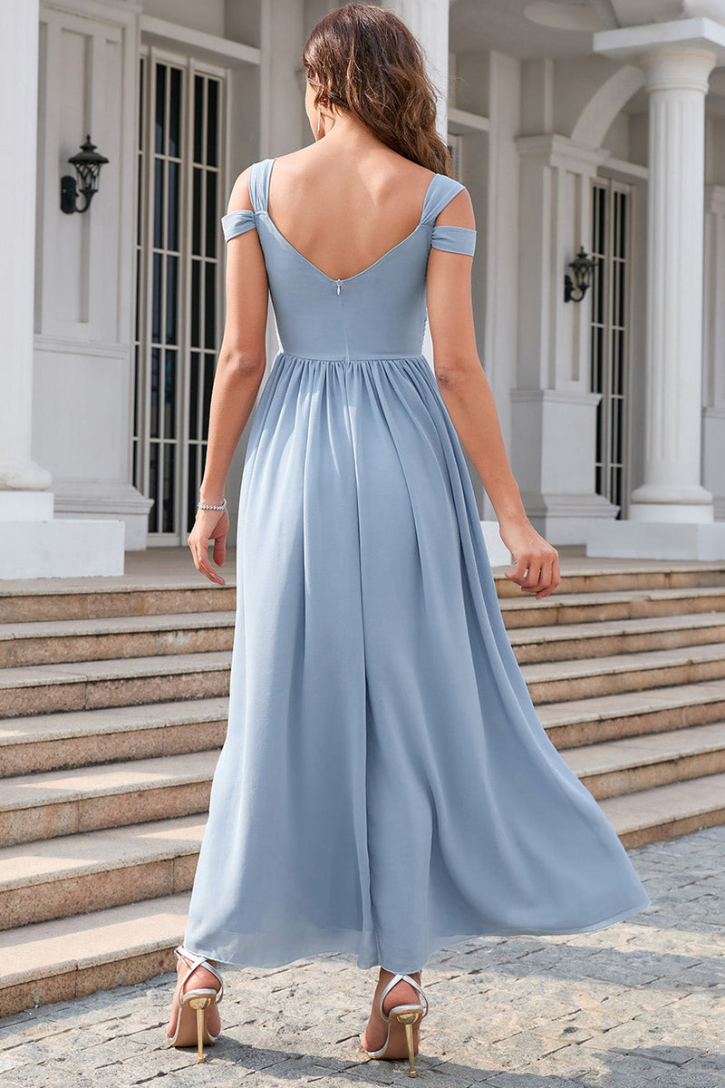 Load image into Gallery viewer, Grey Blue Cold Shoulder Simple Prom Dress