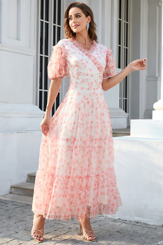 Pink V Neck Puff Sleeves Party Dress