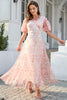 Load image into Gallery viewer, Pink V Neck Puff Sleeves Party Dress