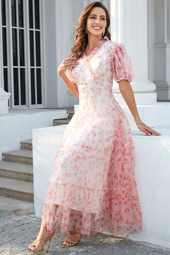 Pink V Neck Puff Sleeves Party Dress