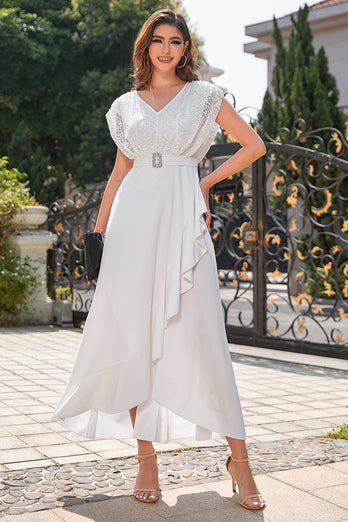 White Chiffon Formal Party Dress with Lace