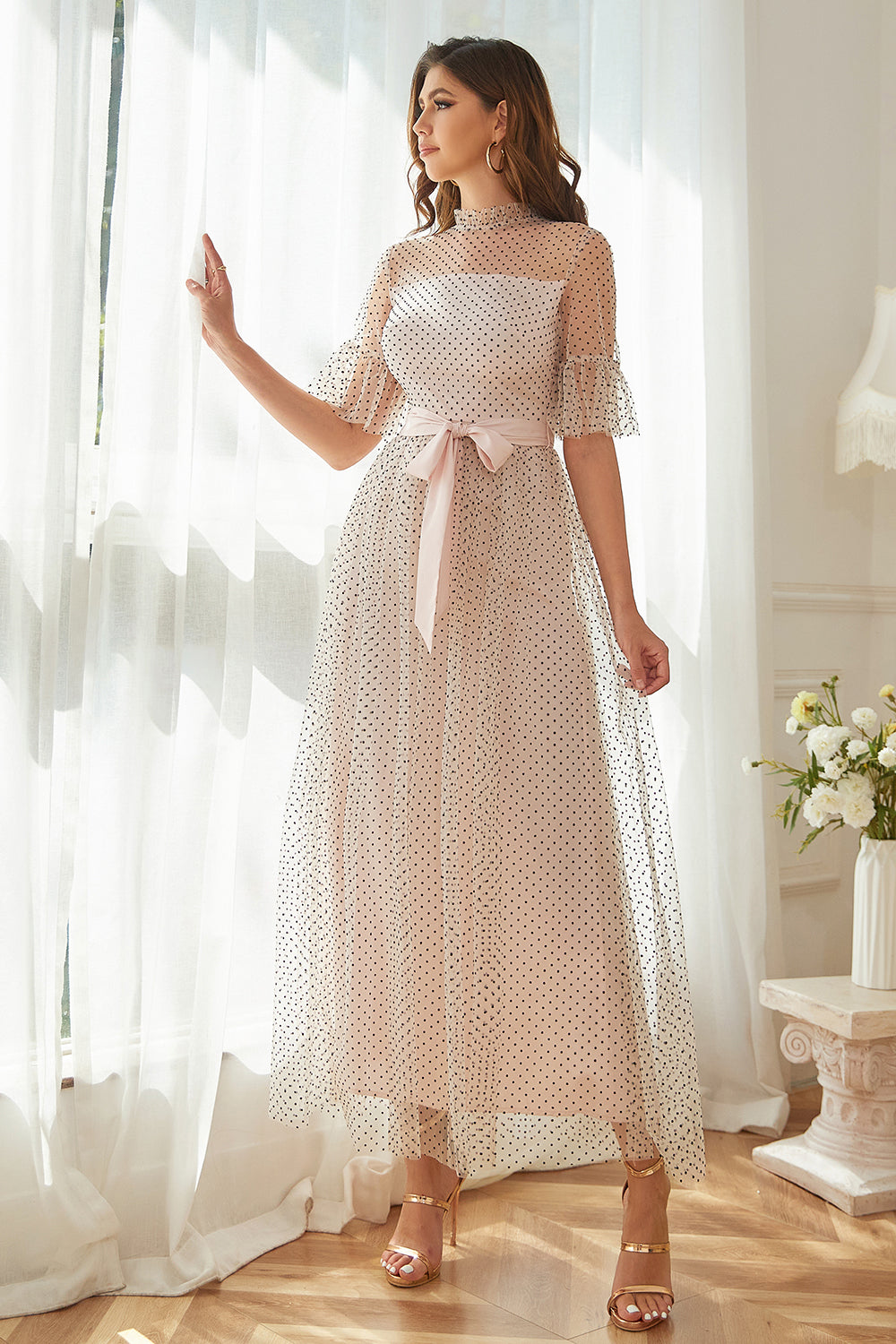 Pink Polka Dots Formal Party Dress with Sleeves