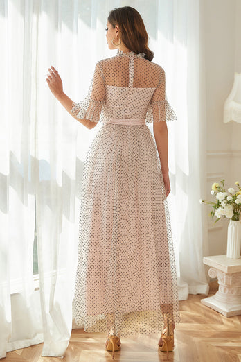 Pink Polka Dots Formal Party Dress with Sleeves