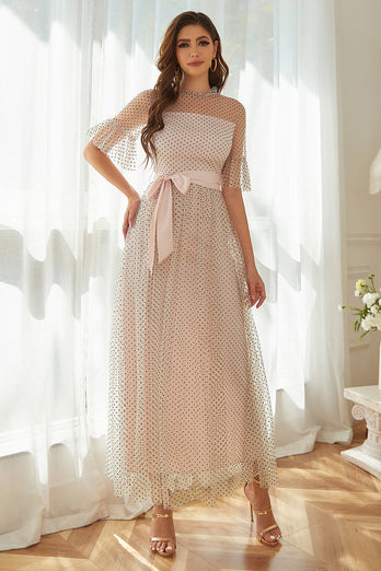 Pink Polka Dots Formal Party Dress with Sleeves