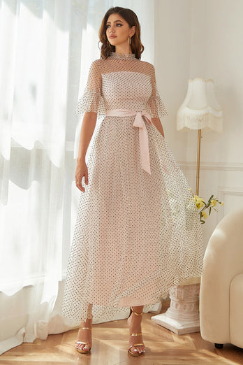 Pink Polka Dots Formal Party Dress with Sleeves