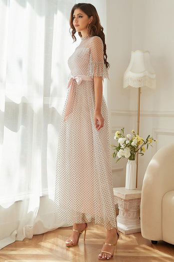 Pink Polka Dots Formal Party Dress with Sleeves