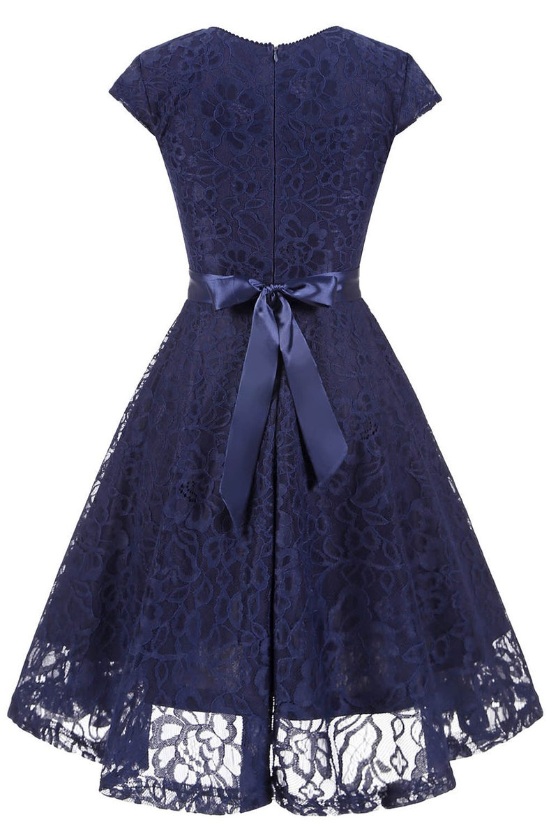 Load image into Gallery viewer, Navy V Neck Lace Bridesmaid Dress