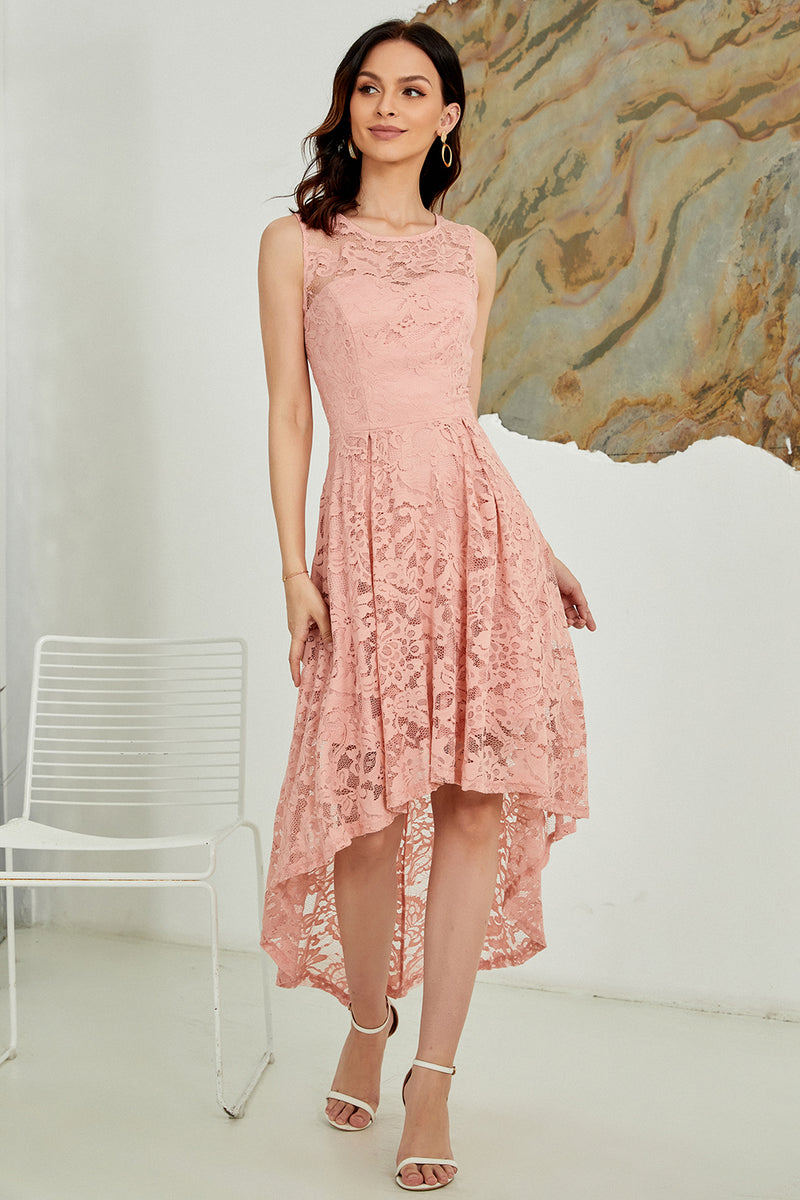 Zapaka Lace Bridesmaid Dress Blush A Line Round Neck High Low Sleeveless Party Formal Dress 4242