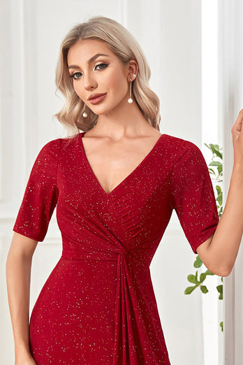 Burgundy Sparkly Short Sleeves V-Neck Long Prom Dress