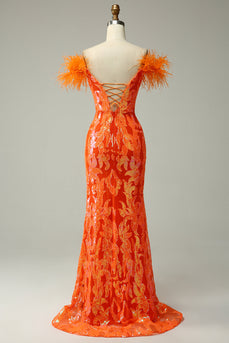 Orange Sequins Off the Shoulder Mermaid Prom Dress with Feathers