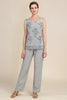 Load image into Gallery viewer, Zapaka Women Grey 3 Piece Mother of the Bride Pant Suits with Lace