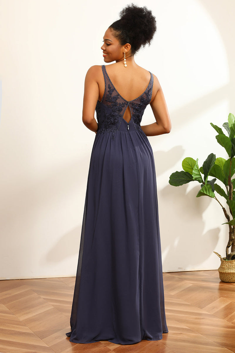 Load image into Gallery viewer, Dusty Blue Ruched Long Chiffon Bridesmaid Dress with Slit