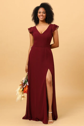 ZAPAKA Women Burgundy Bridesmaid Dress Chiffon V Neck A Line