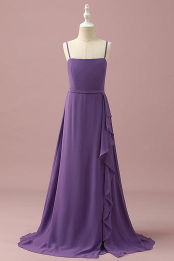 Purple Chiffon Spaghetti Straps Junior Bridesmaid Dress With Cascading Ruffles