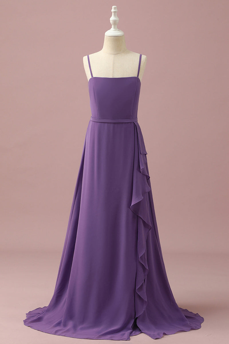 Load image into Gallery viewer, Purple Chiffon Spaghetti Straps Junior Bridesmaid Dress With Cascading Ruffles