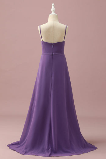 Purple Chiffon Spaghetti Straps Junior Bridesmaid Dress With Cascading Ruffles