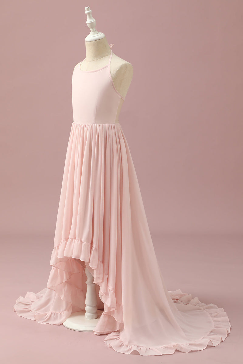 Load image into Gallery viewer, Light Pink Chiffon Halter High Low Junior Bridesmaid Dress