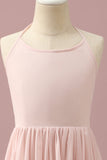 Light Pink Chiffon Halter High Low Junior Bridesmaid Dress