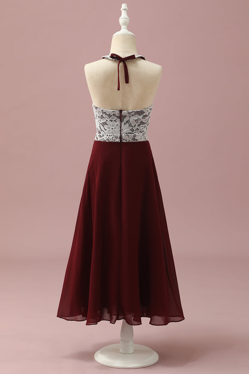 Load image into Gallery viewer, Burgundy Lace and Chiffon Halter Junior Bridesmaid Dress