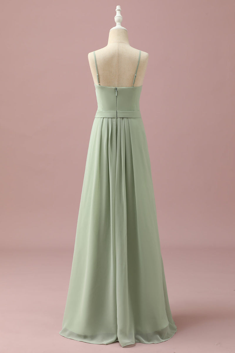 Load image into Gallery viewer, Sage Chiffon Round Neck Junior Bridesmaid Dress With Cascading Ruffles