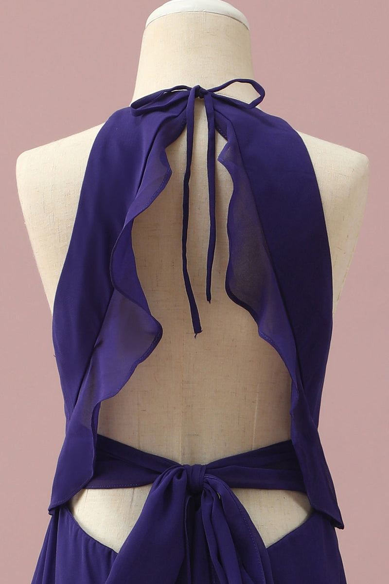 Load image into Gallery viewer, Purple Halter Chiffon Junior Bridesmaid Dress With Cascading Ruffles