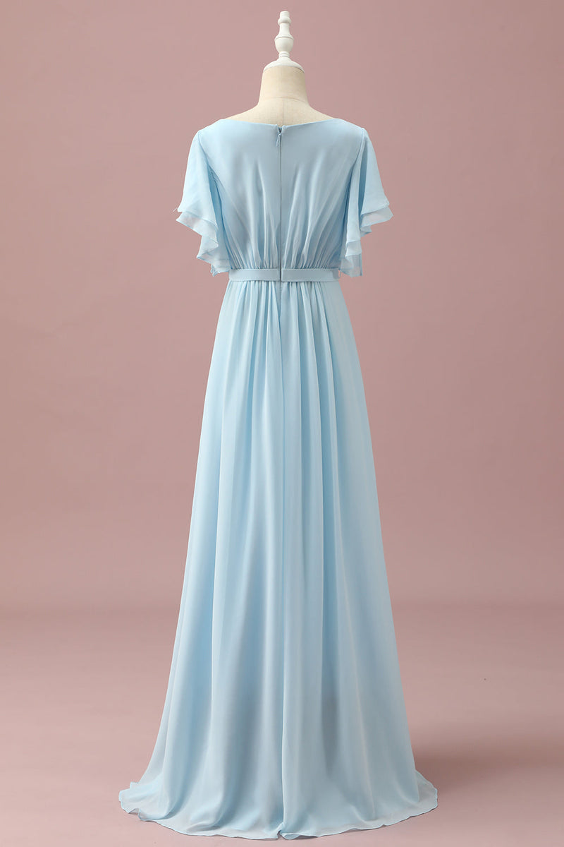Load image into Gallery viewer, Light Blue Chiffon Batwing Sleeves A-Line Junior Bridesmaid Dress