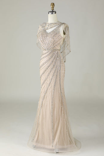 Sparkly Champagne Beaded Mermaid Long Prom Dress with Wrap