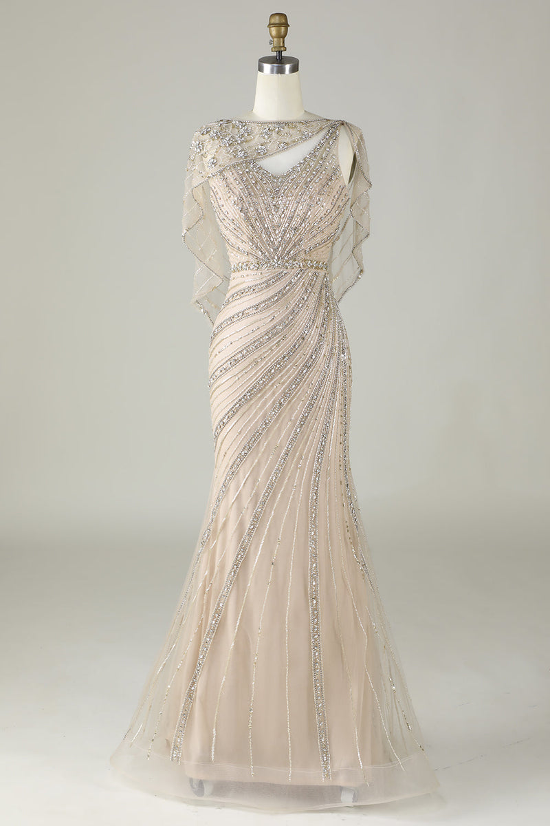 Load image into Gallery viewer, Sparkly Champagne Beaded Mermaid Long Prom Dress with Wrap