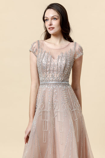Sparkly Blush Beaded A-Line Tulle Formal Dress