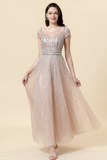 Sparkly Blush Beaded A-Line Tulle Formal Dress