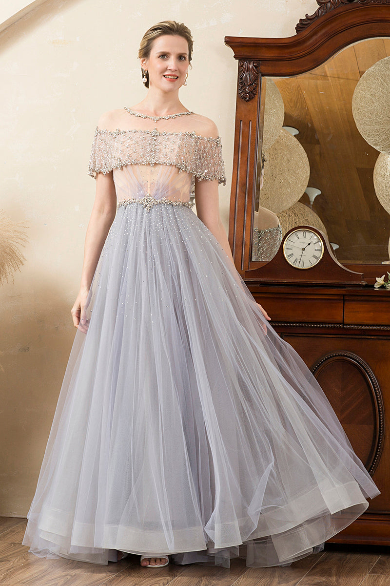 Load image into Gallery viewer, Grey Tulle A Line Beaded Glitter Mother of Bride Dress