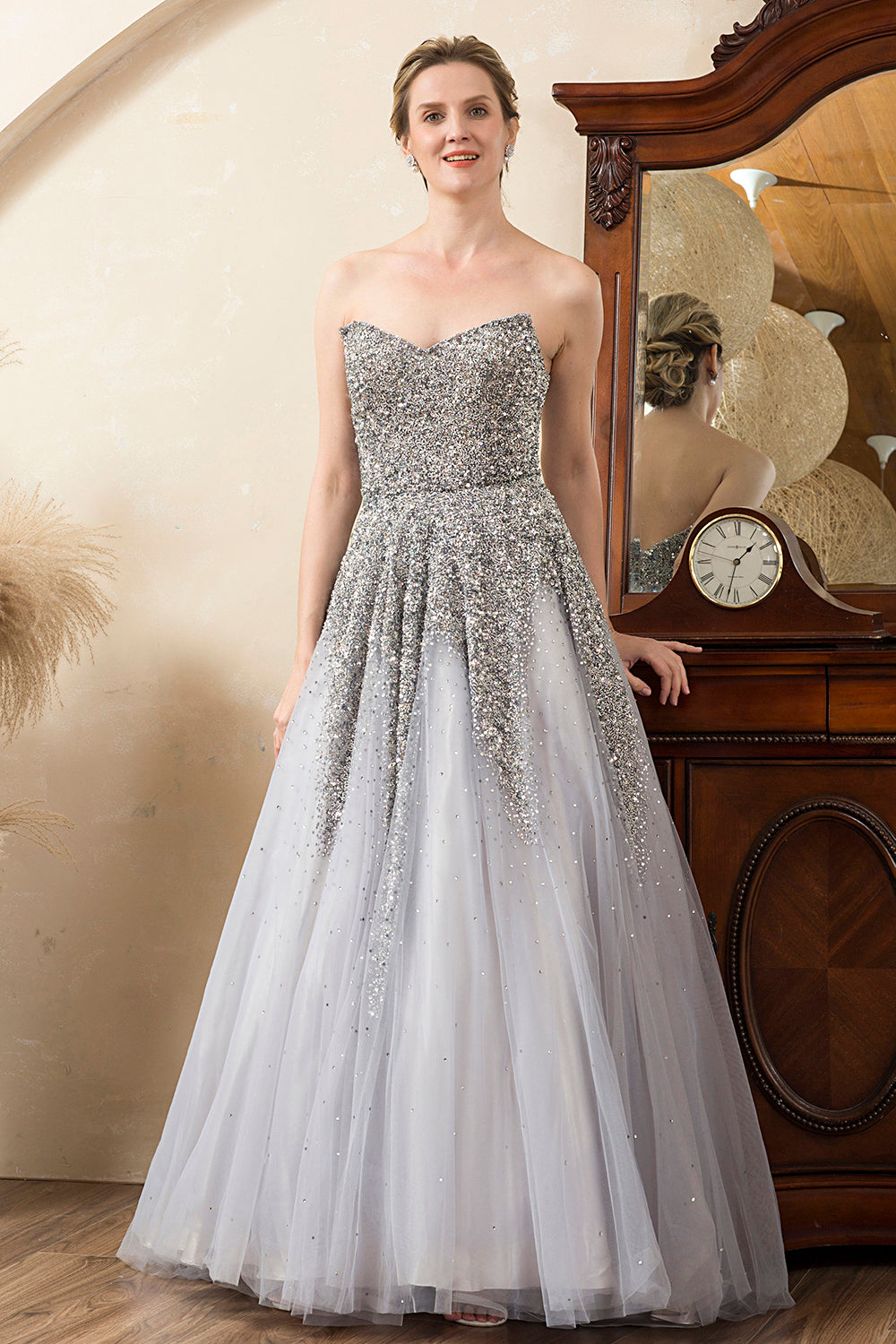 Grey Beading Sparkly Mother of Bride Dress