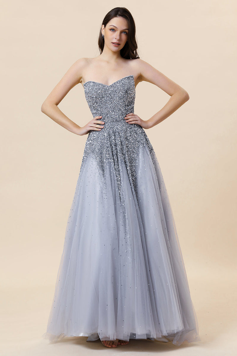 Load image into Gallery viewer, Sparkly Grey Beaded Tulle Sweetheart Long Prom Dress