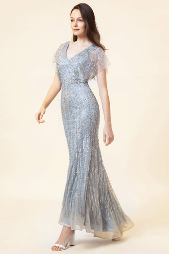 Sparkly Grey Beaded Mermaid Long Evening Dress