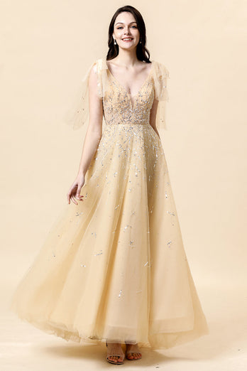 Sparkly Yellow Beaded A-Line Formal Dress