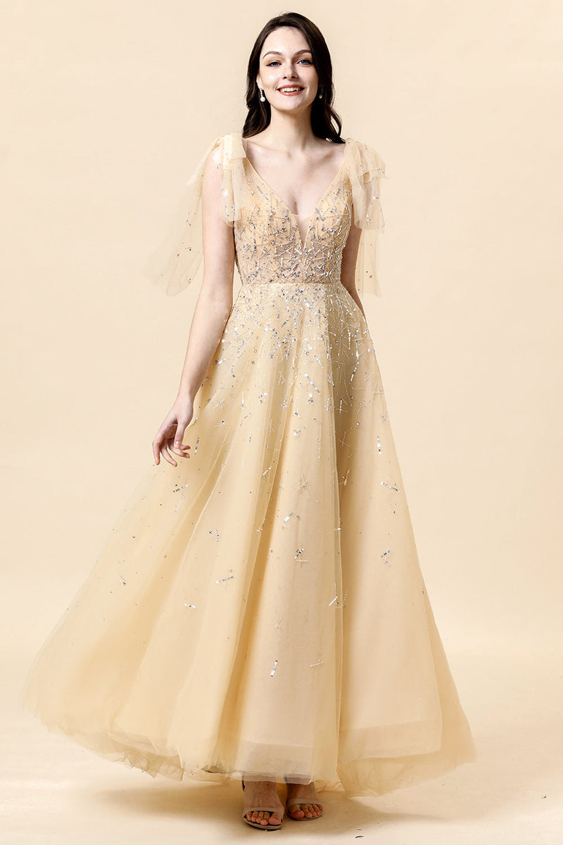 Load image into Gallery viewer, Sparkly Yellow Beaded A-Line Formal Dress