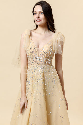 Sparkly Yellow Beaded A-Line Formal Dress