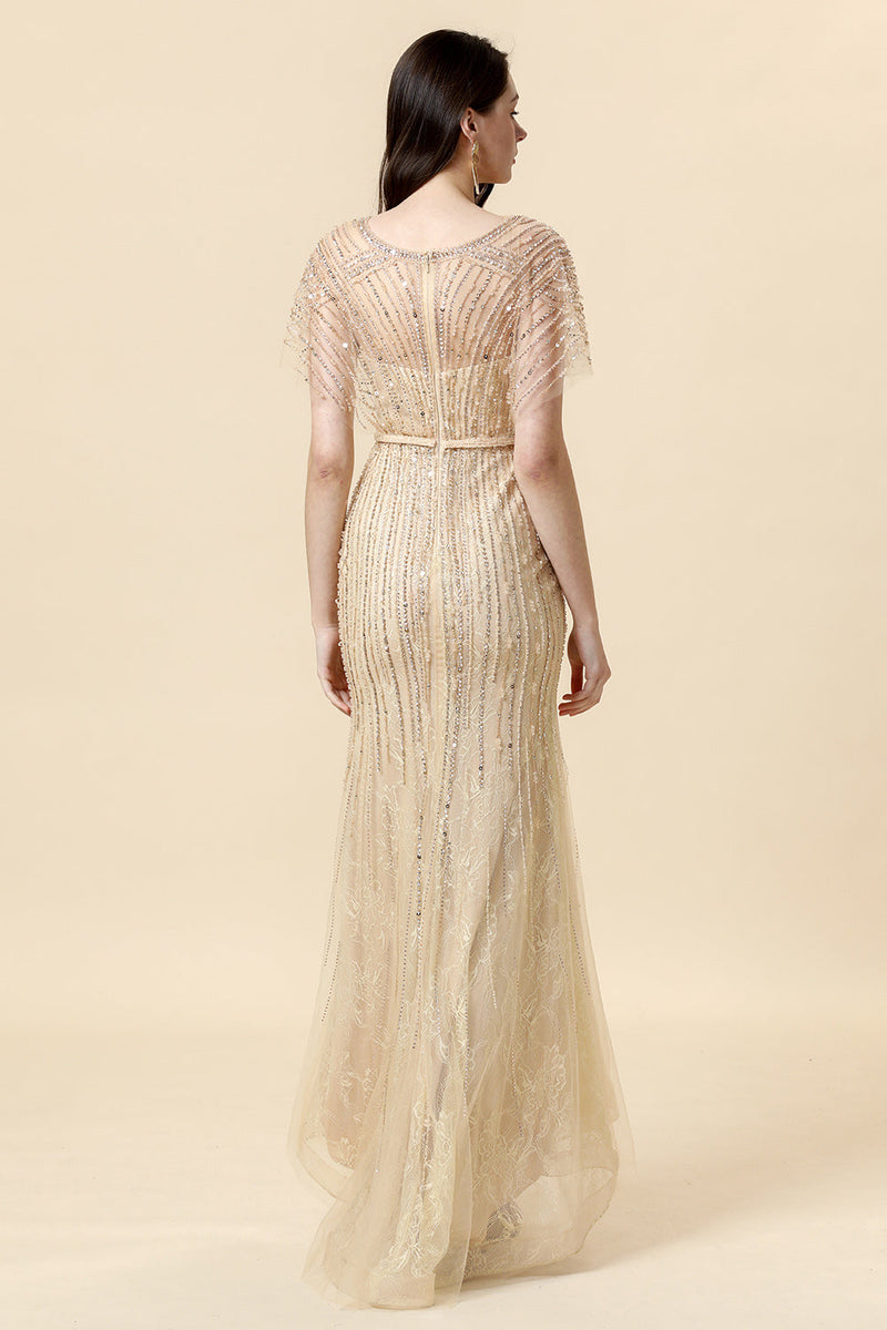 Load image into Gallery viewer, Mermaid V Neck Golden Beaded Long Foraml Dress