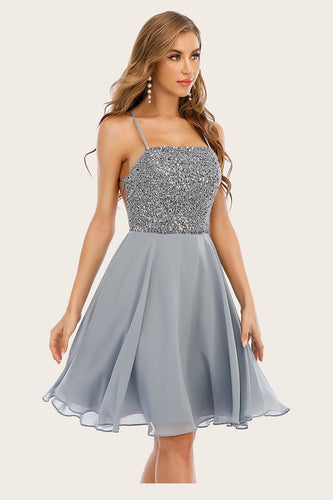 Grey Beaded Short Prom Dress