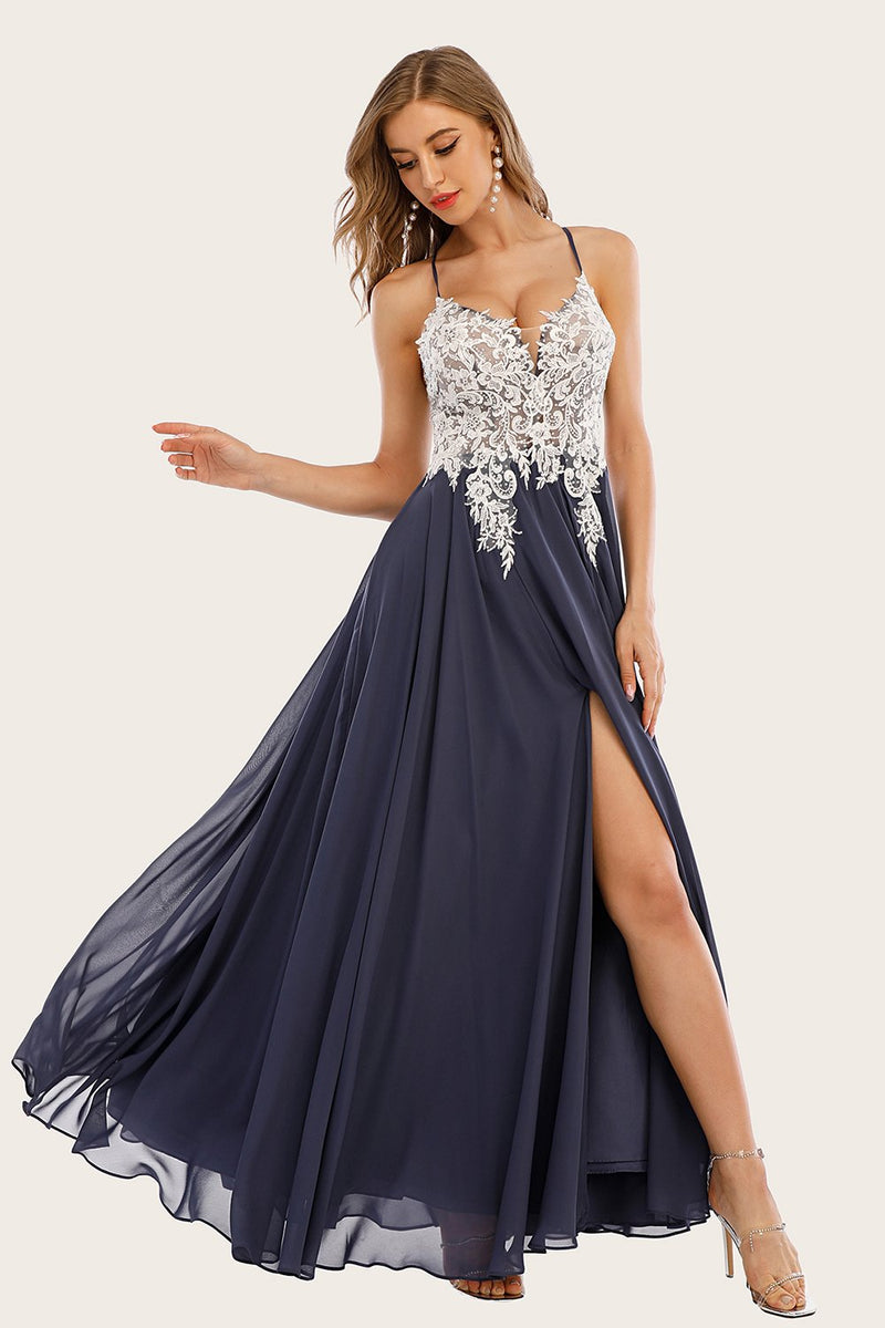 Load image into Gallery viewer, Dusty Blue Long Chiffon Prom Dress with Lace