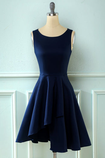 Navy Vintage 1950s Asymmetrical Dress