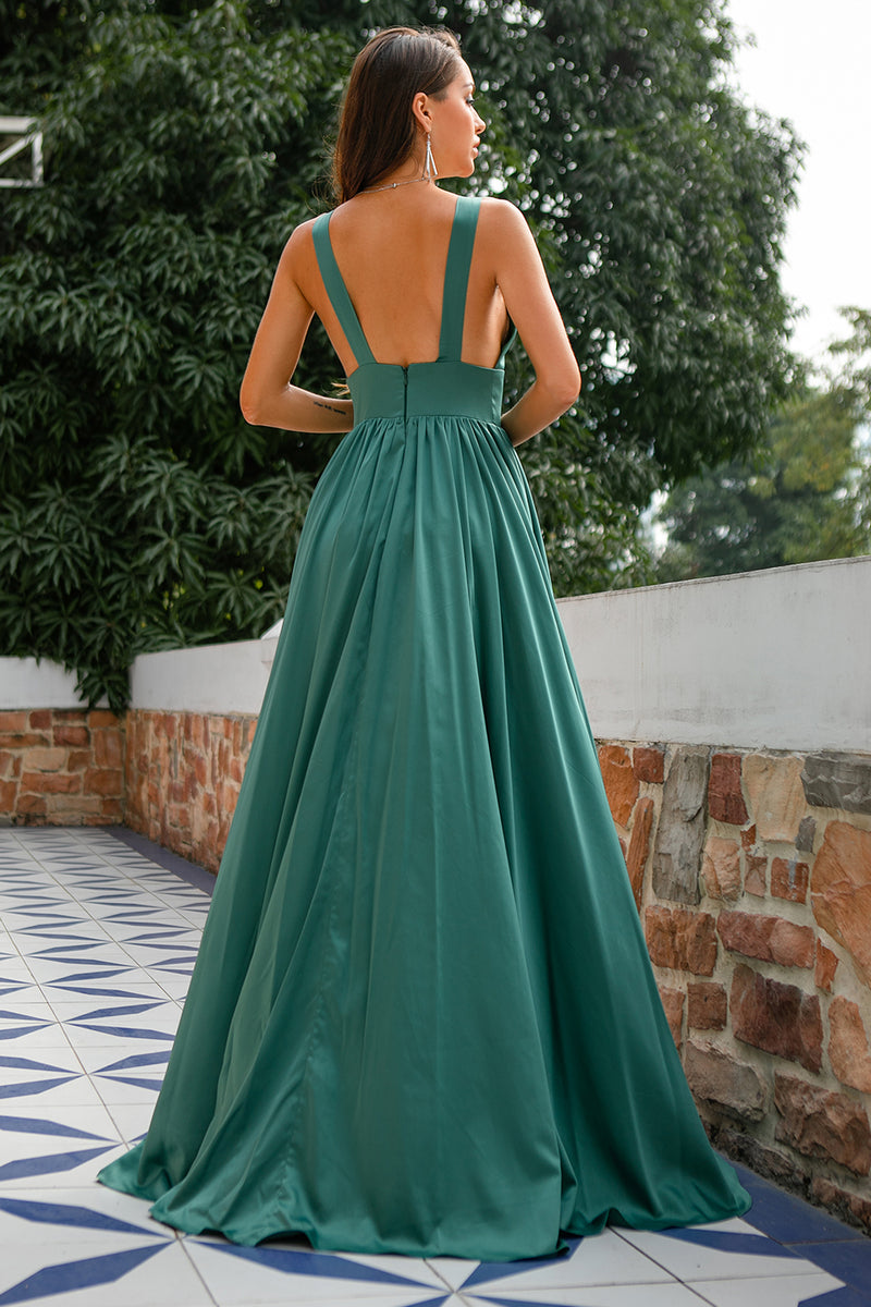 Load image into Gallery viewer, Green Deep V Neck Long Bridesmaid Dress