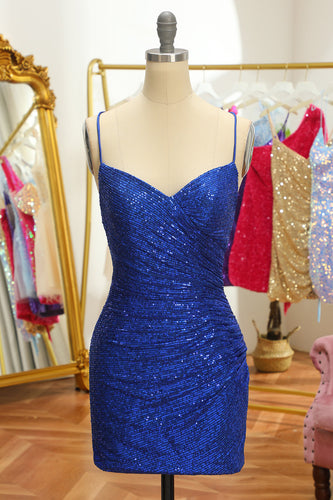 Blue Sequins Tight Backless Short Party Dress