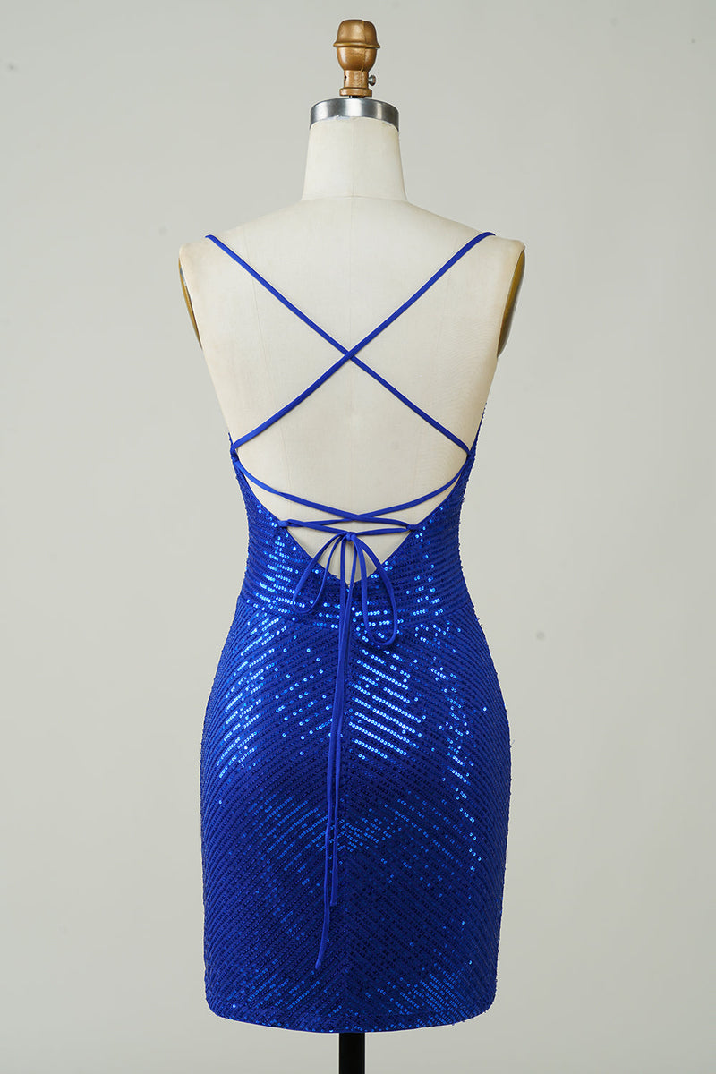 Load image into Gallery viewer, Sparkly Bodycon Spaghetti Straps Royal Blue Sequins Short Party Dress