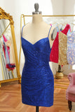Blue Sequins Tight Backless Short Party Dress
