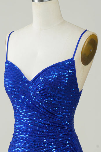 Sparkly Bodycon Spaghetti Straps Royal Blue Sequins Short Party Dress
